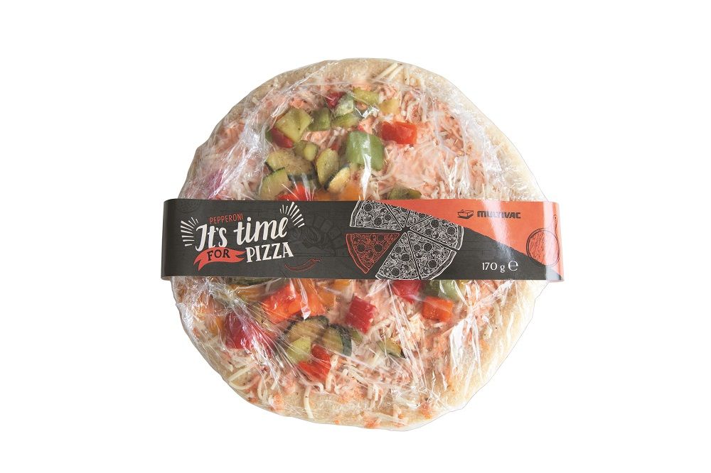 Full wrap labelling solution for pizza, other flat products