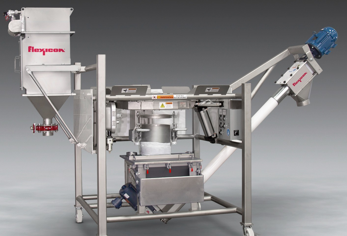 Flexicon offers portable half frame discharger with bag dump, flexible screw conveyor