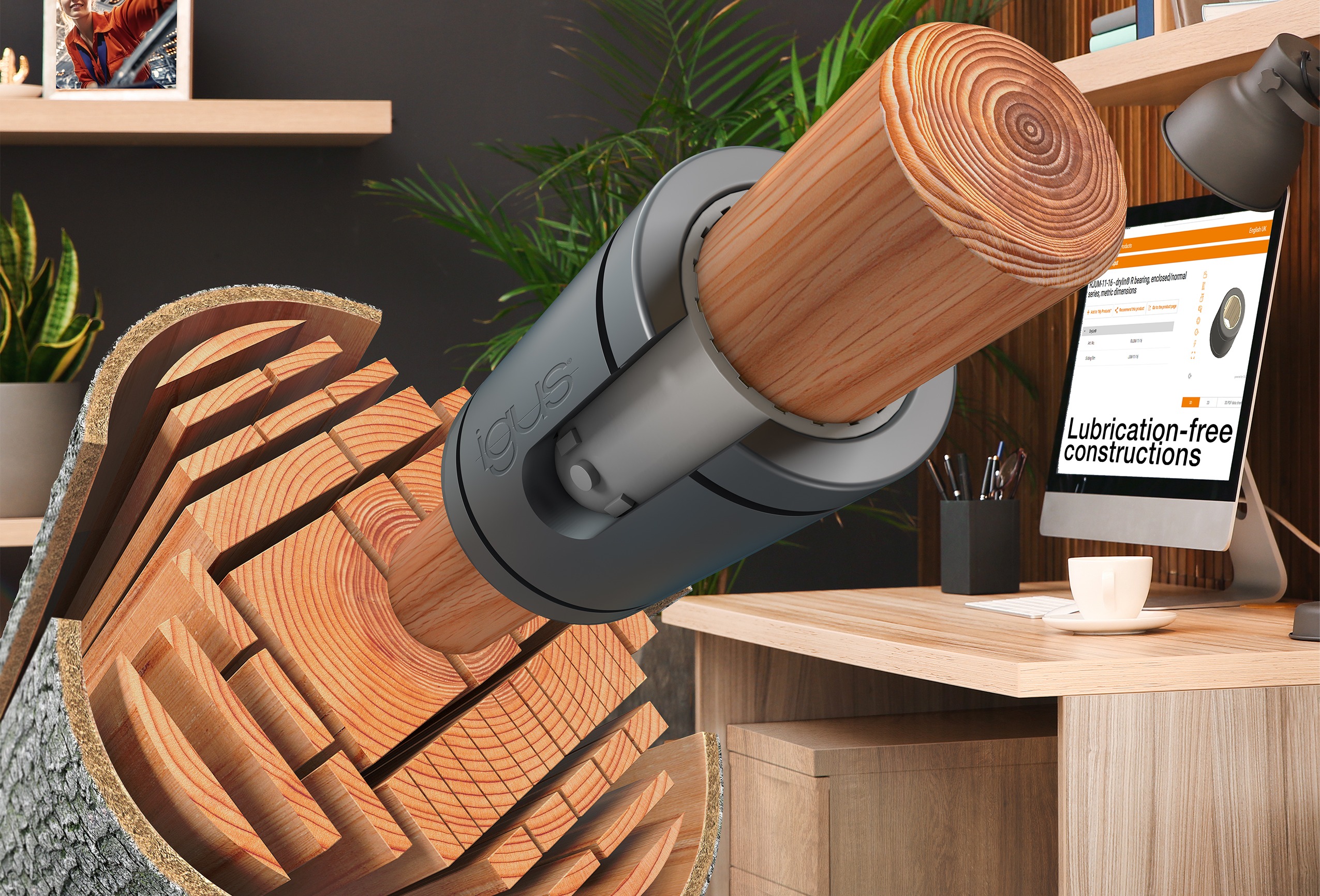 Dry-running plastic bearings with wooden shafts